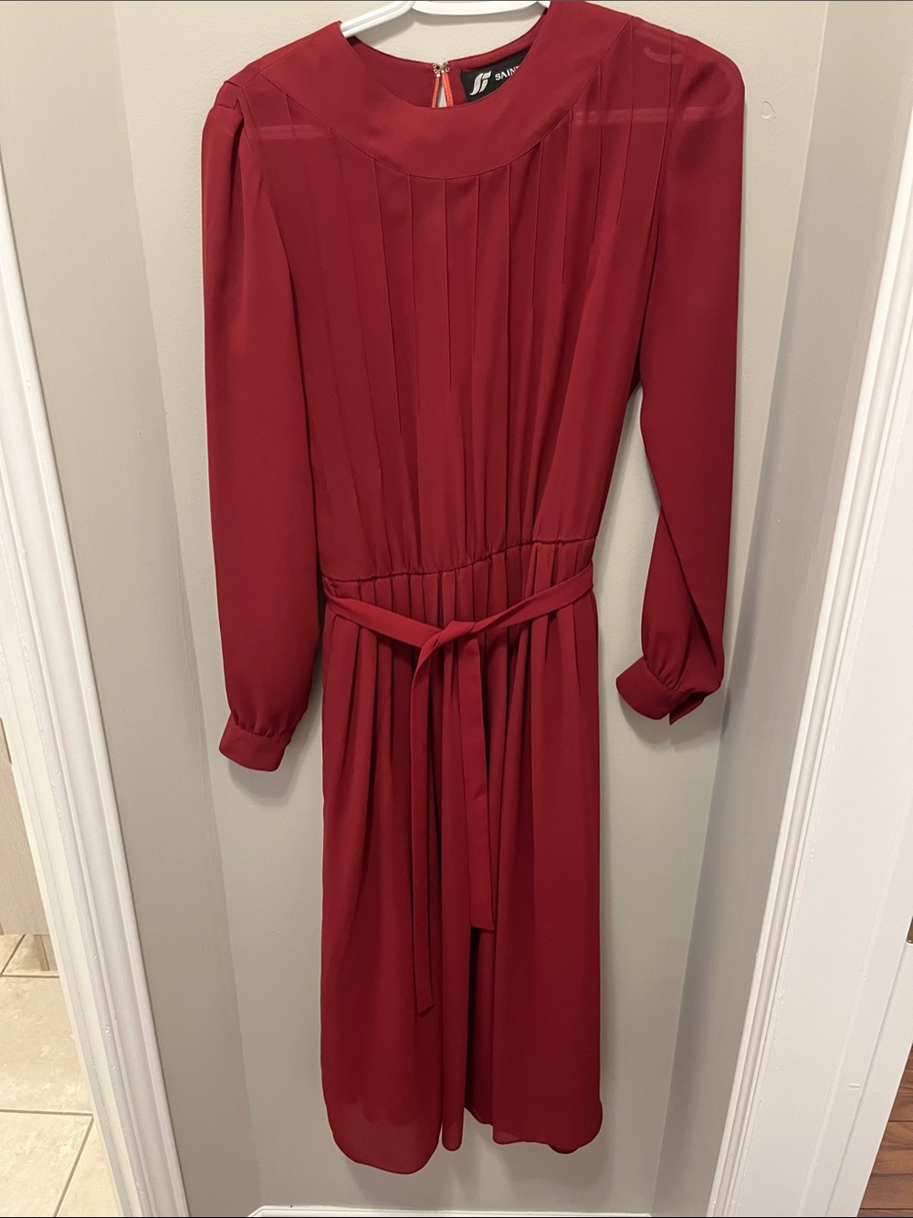 Vintage Saint Jacques Paris Burgundy Long-Sleeve Pleated Belted Dress